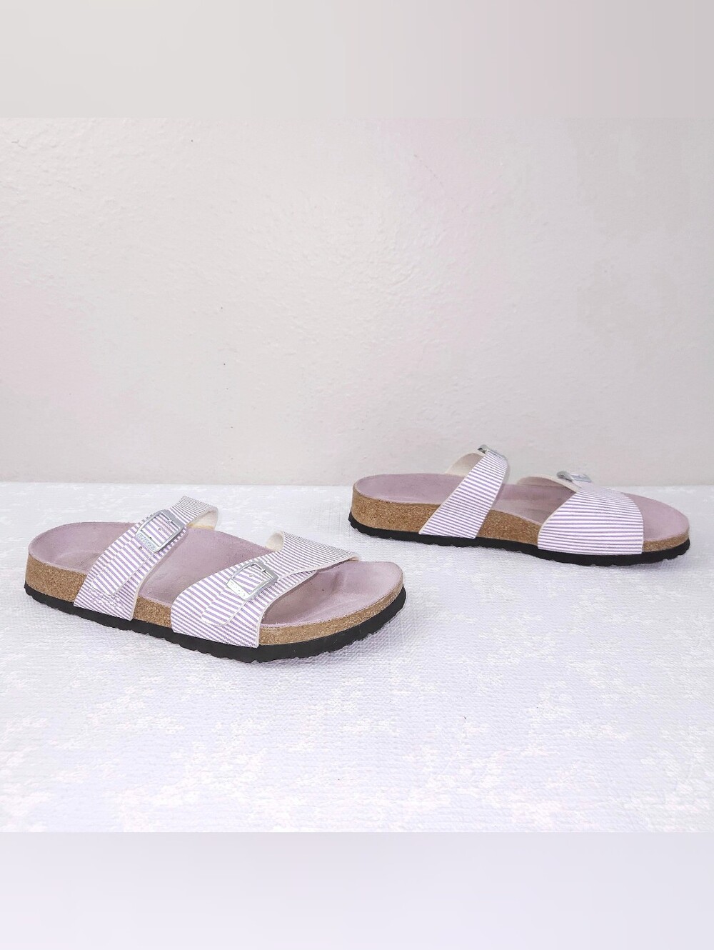 BIRKENSTOCK BIRKIS Aziza 2 Strap Sandals EU 40 Lilac Purple Stripes